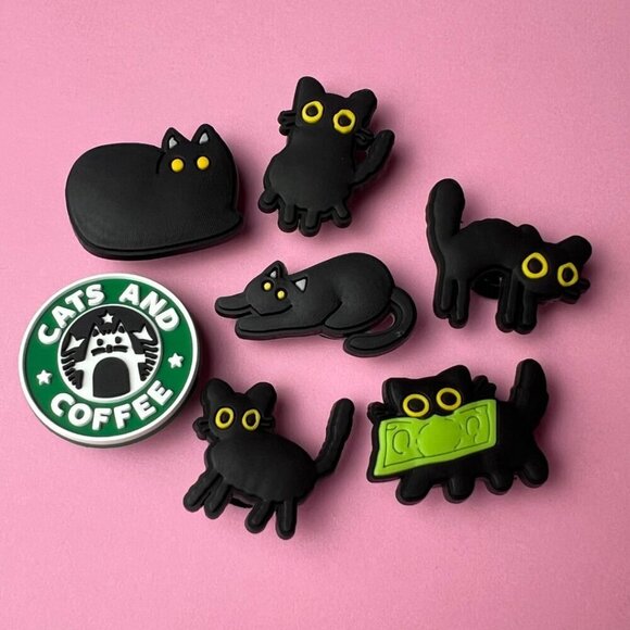 Black Cat Crocs Shoe Charms Set of 7 - jibbitz Charms Coffee Lover - Cat Lover - Picture 1 of 6